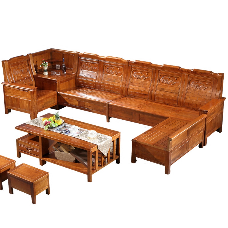 新中式实木沙发组合香樟木沙发转角贵妃客厅仿红木木质家具小户型