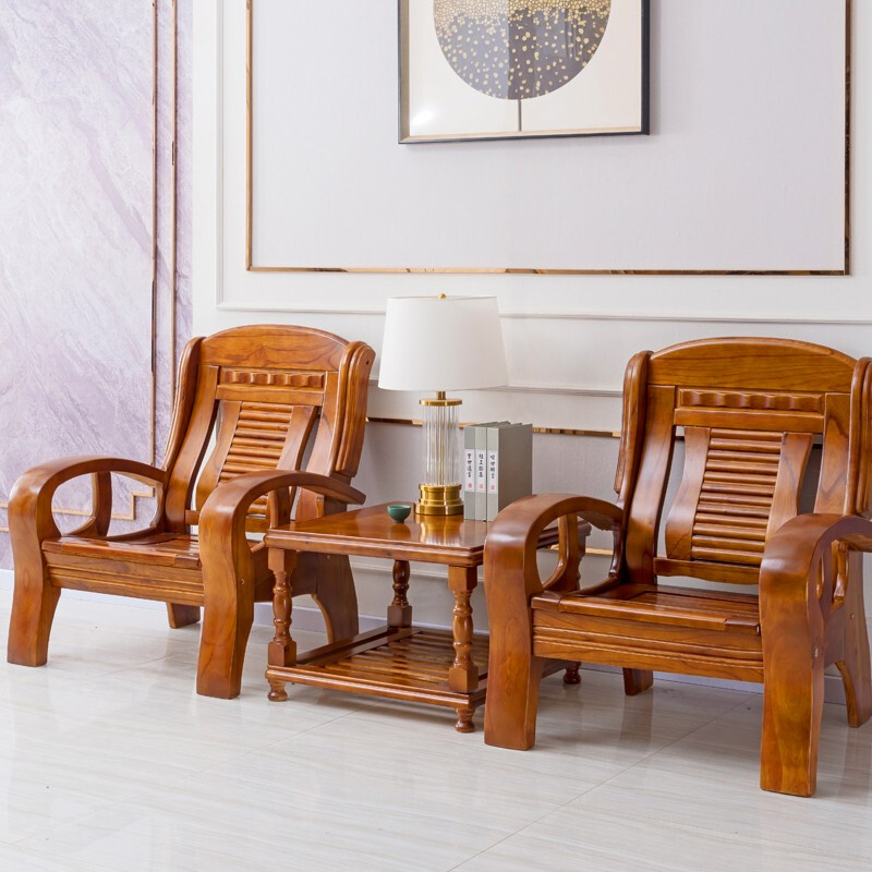 富野 新中式实木沙发小户型客厅木质家具组合套装经济型农村木头沙发 三人位+长茶几