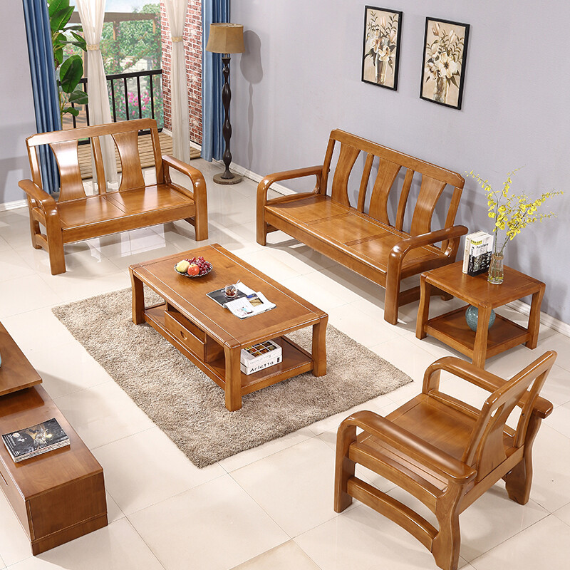 雨木 实木沙发组合1+2+3现代简约新中式三人木质沙发冬夏两用客厅家具 胡桃色1+1+3组合+长茶几